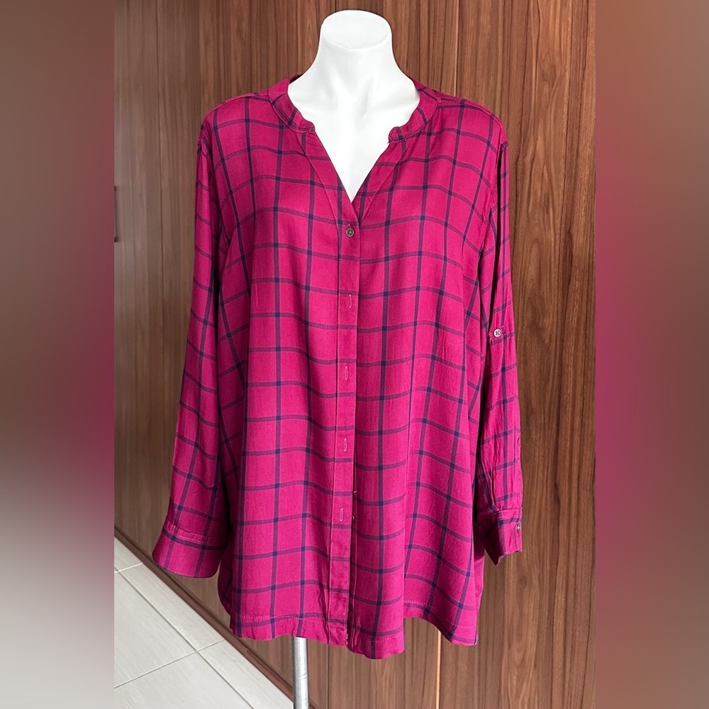 Basic Editions Pink Boxy Mandarin Collar Blouse S… - image 1